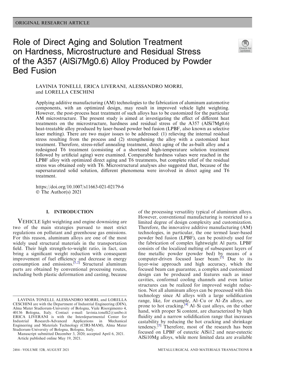 First page of Role of Direct Aging and Solution Treatment on Hardness, Microstructure and Residual Stress of the A357 (AlSi7Mg0.6) Alloy Produced by Powder Bed Fusion