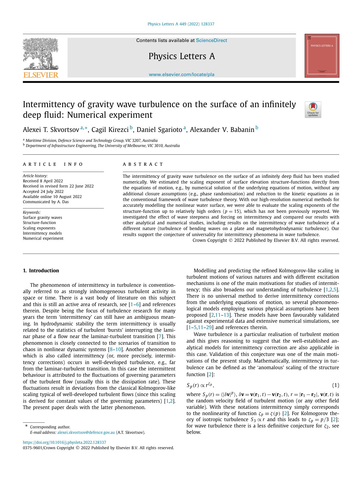 First page of Intermittency of gravity wave turbulence on the surface of an inﬁnitely deep ﬂuid: Numerical experiment
