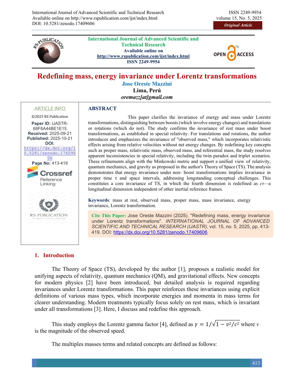 First page of Redefining mass energy invariance under