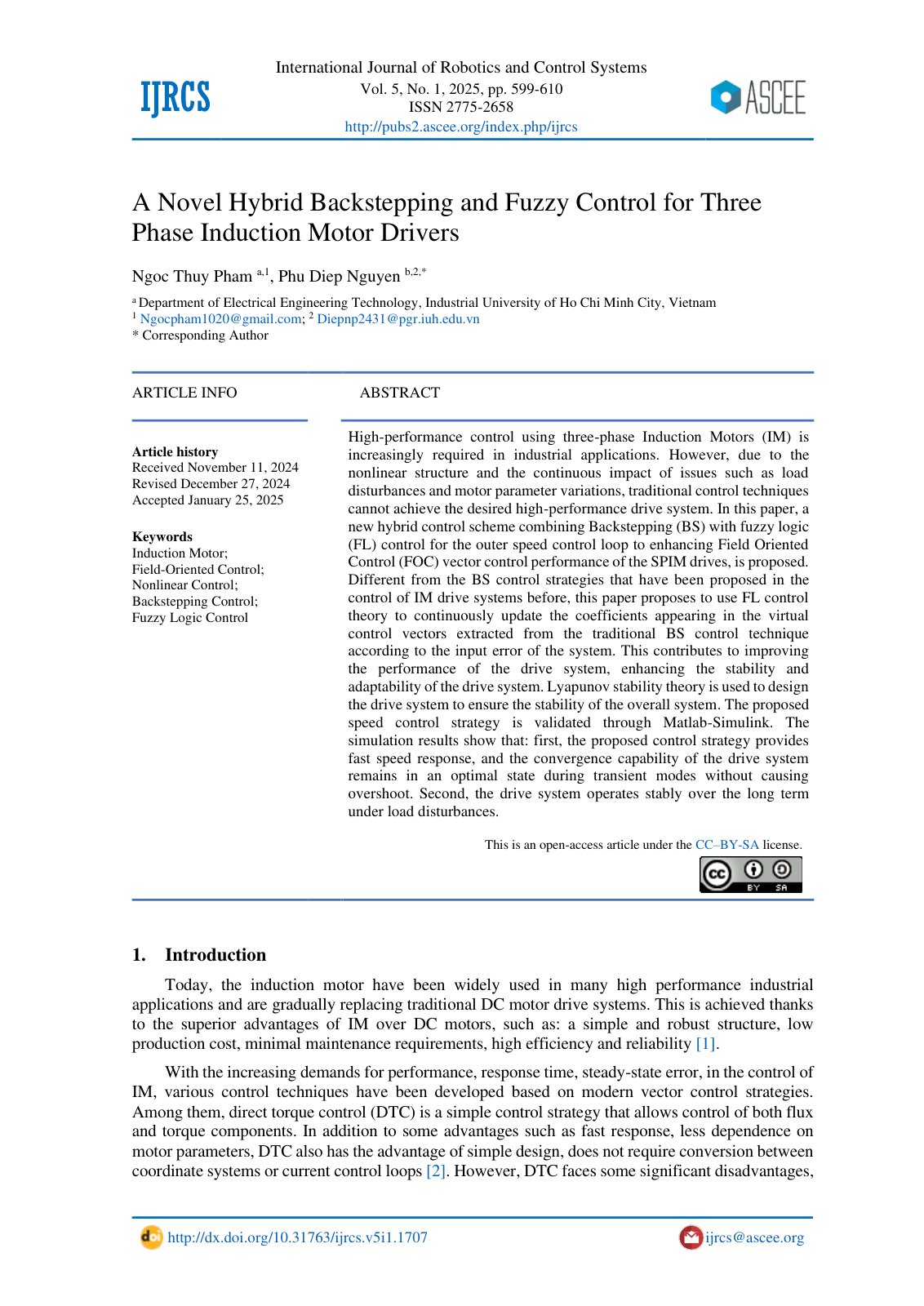 First page of A Novel Hybrid Backstepping and Fuzzy Control for  Three  Phase Induction Motor Drivers 