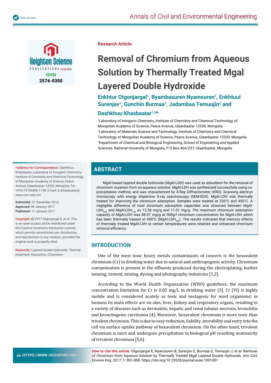 First page of Removal of Chromium from Aqueous Solution by Thermally Treated Mgal Layered Double Hydroxide