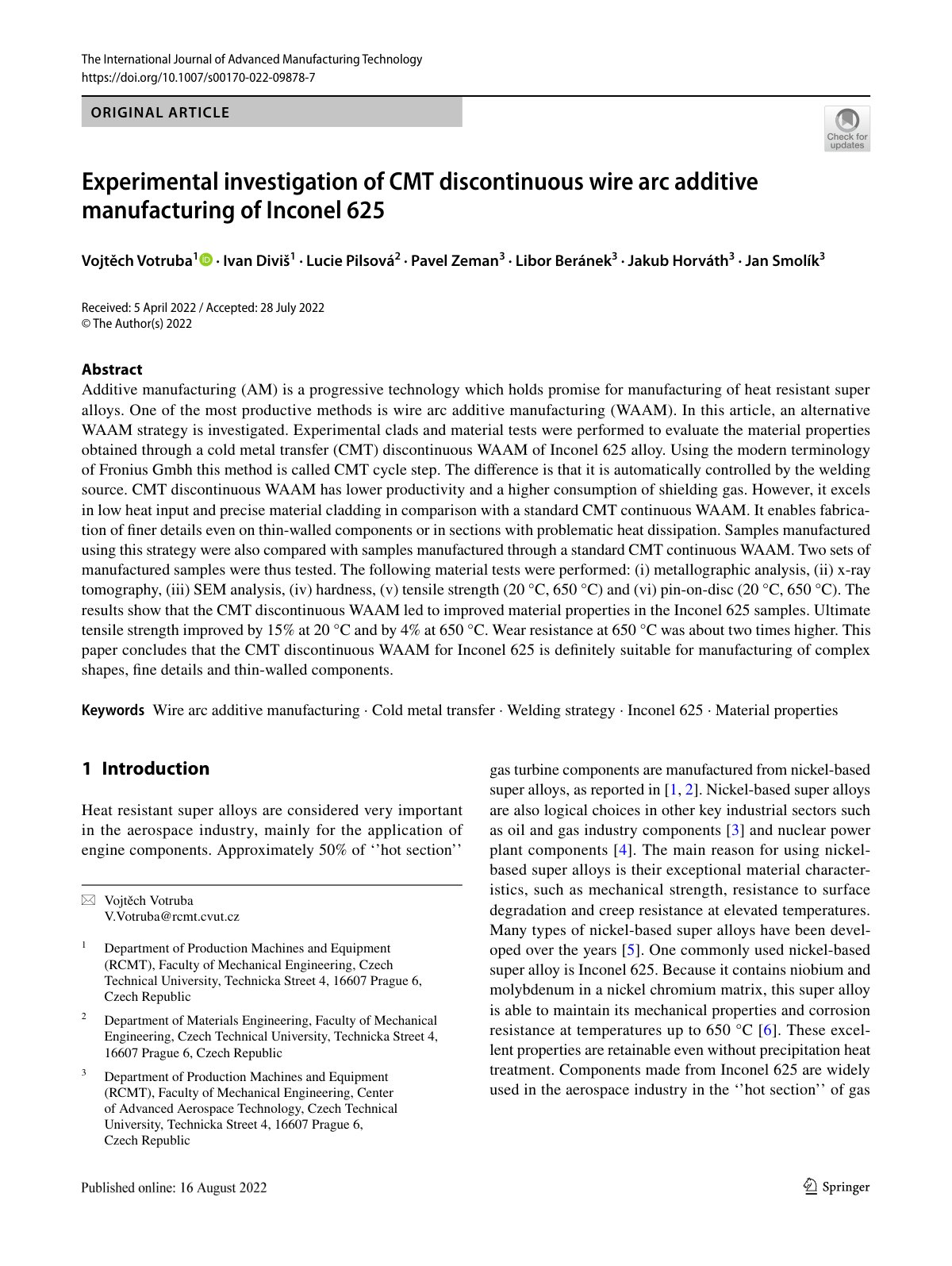 First page of Experimental investigation of CMT discontinuous wire arc additive manufacturing of Inconel 625