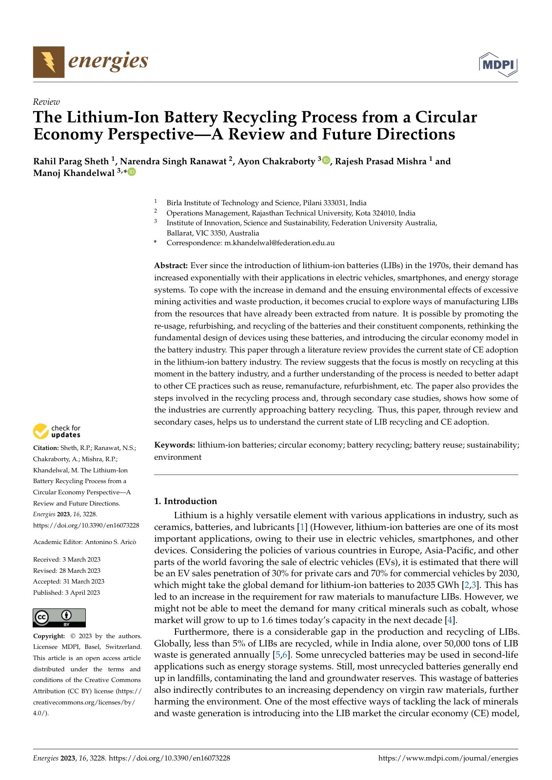 First page of The Lithium Ion Battery Recycling Proces