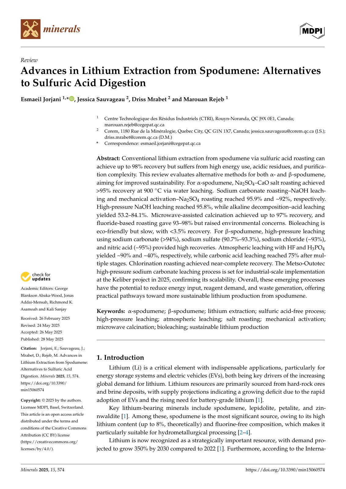 First page of Advances in Lithium Extraction from Spodumene: Alternatives to Sulfuric Acid Digestion