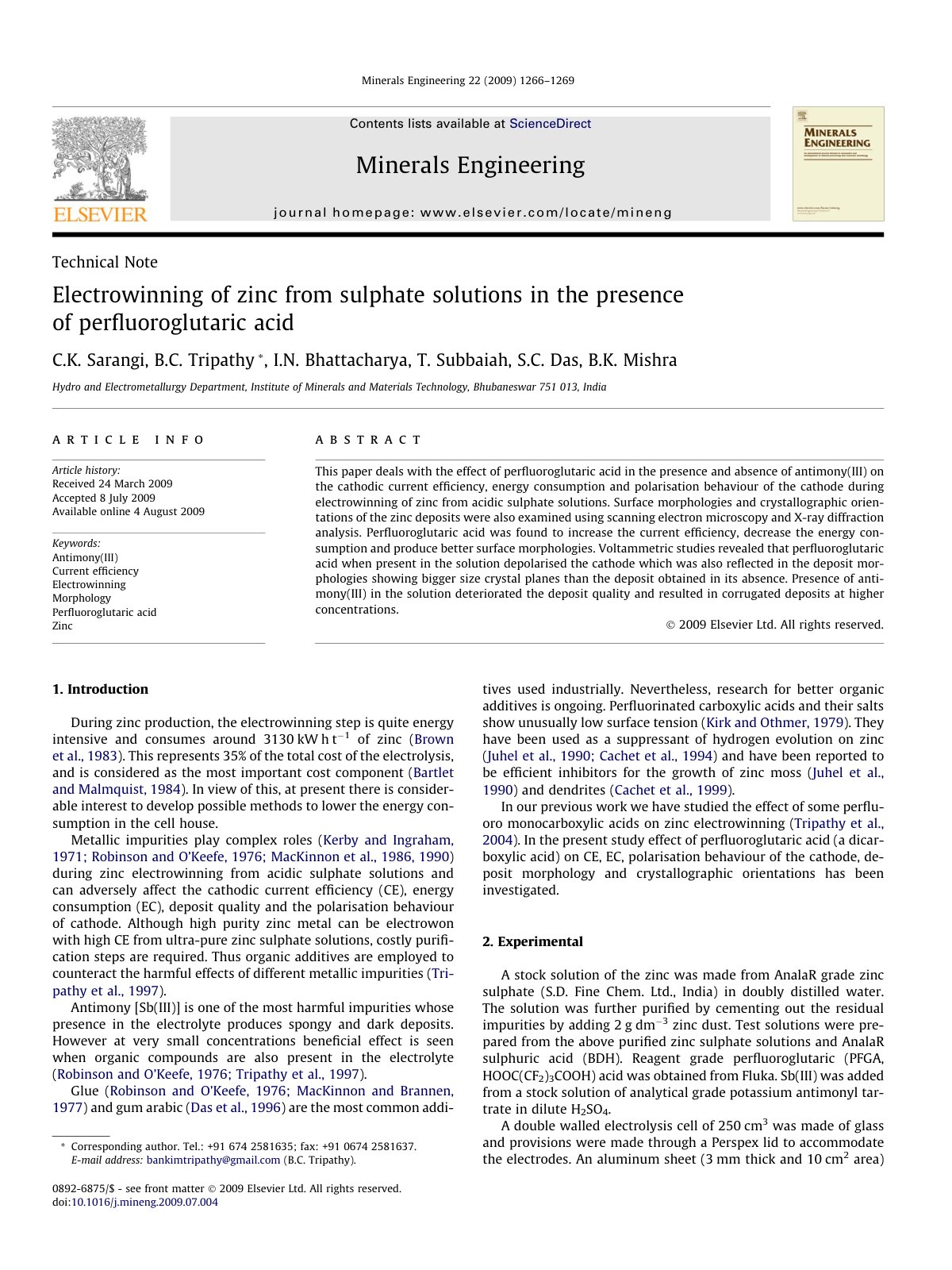 First page of Electrowinning of zinc from sulphate sol