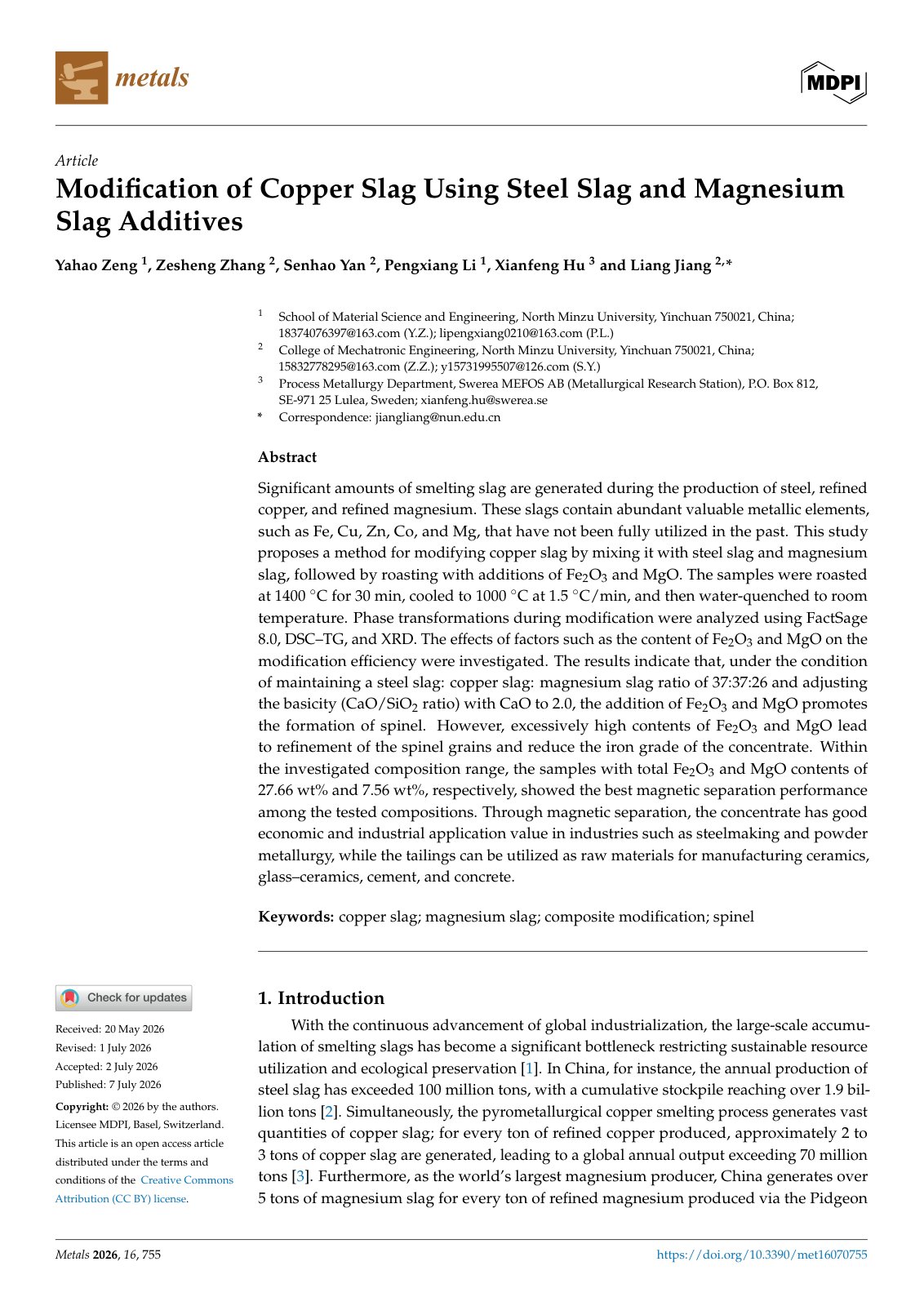 First page of Modification of Copper Slag Using Steel Slag and Magnesium Slag Additives