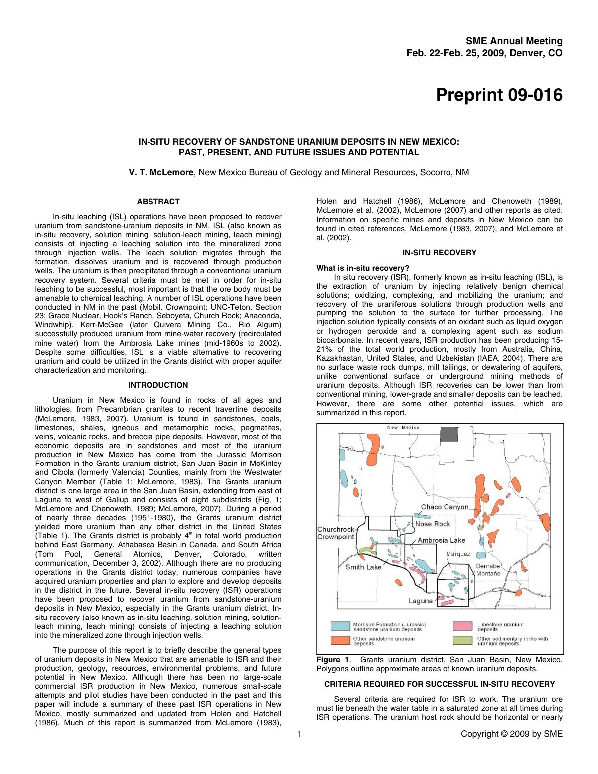First page of In Situ Recovery Of Sandstone Uranium Deposits In New Mexico Past, Present, And Future Issues And Potential