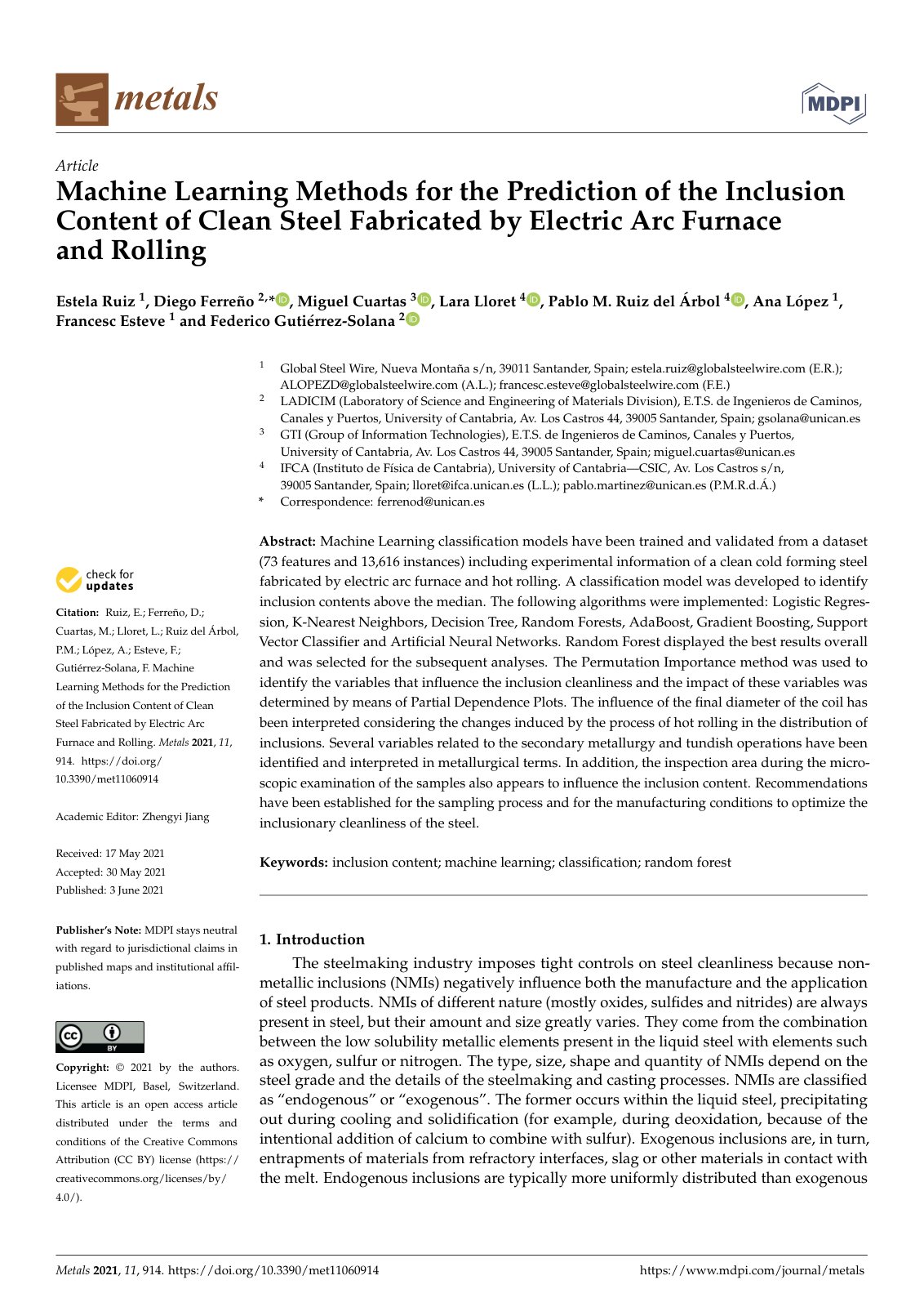 First page of Machine Learning Methods for the Prediction of the Inclusion Content of Clean Steel Fabricated by Electric Arc Furnace and Rolling