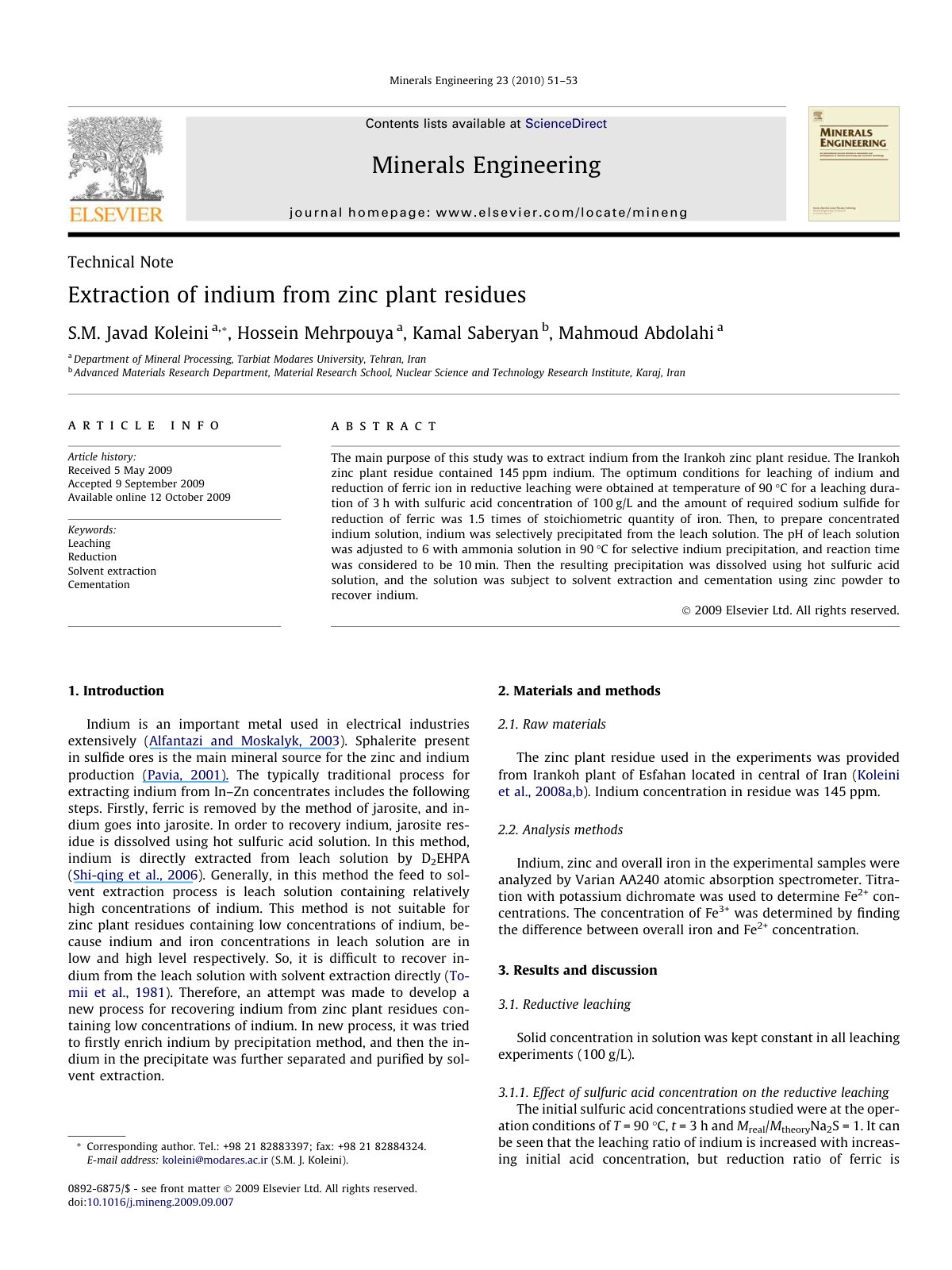 First page of Extraction of indium from zinc plant res