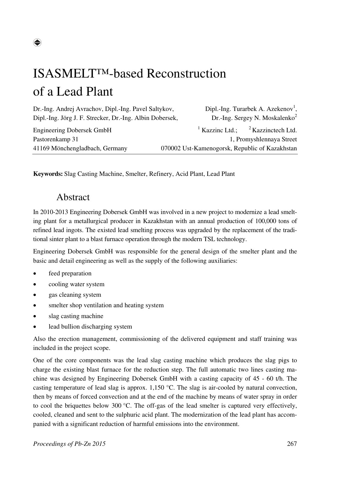 First page of ISASMELT™ Based Reconstruction of a Lead Plant