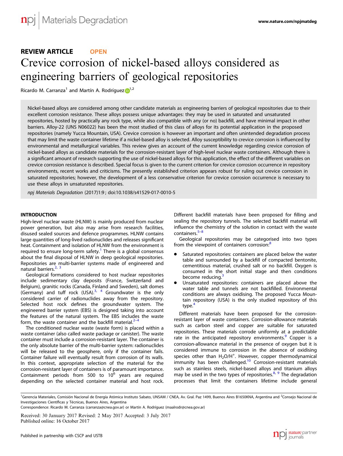 First page of Crevice corrosion of nickel-based alloys considered as engineering barriers of geological repositories
