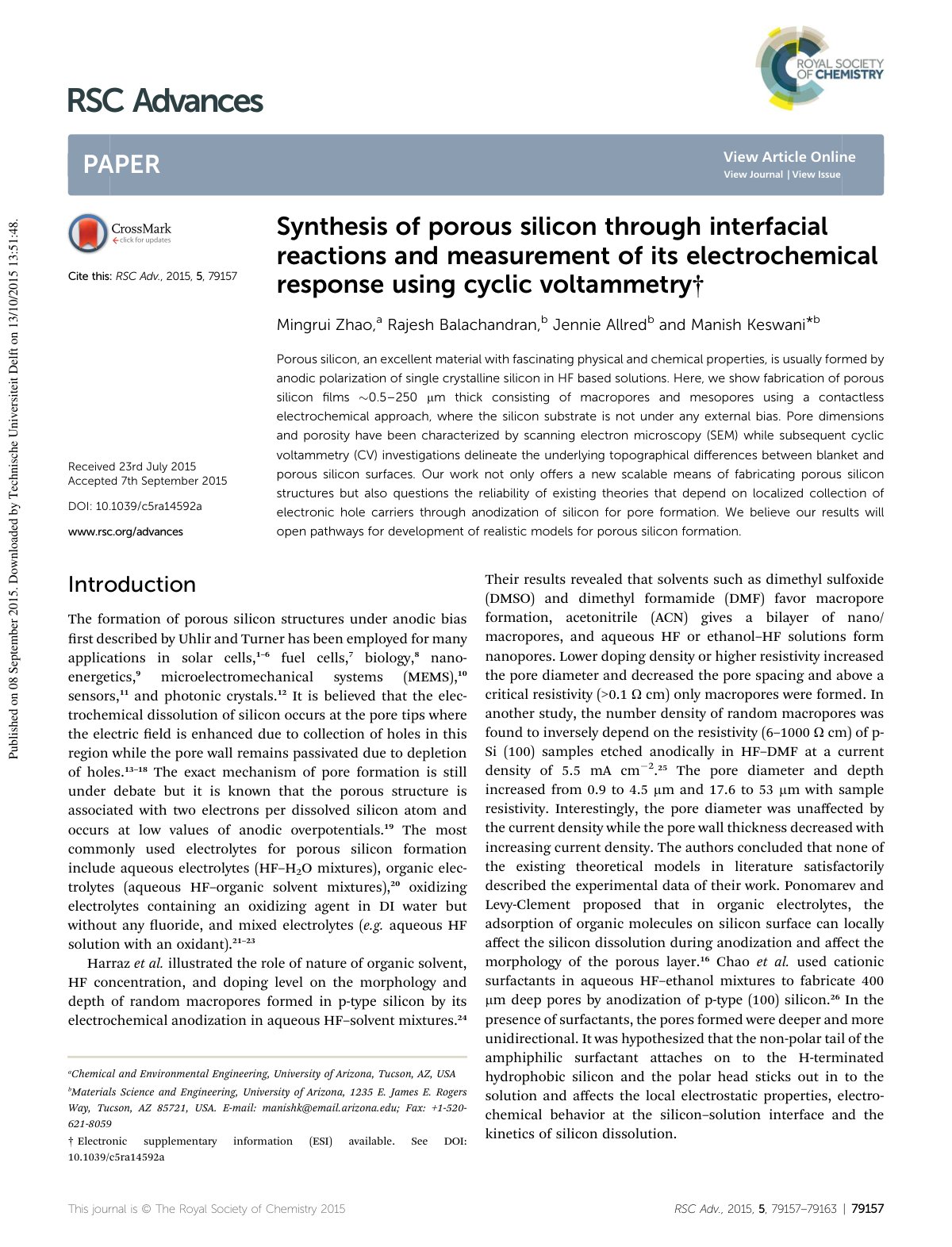 First page of Synthesis of porous silicon through inte