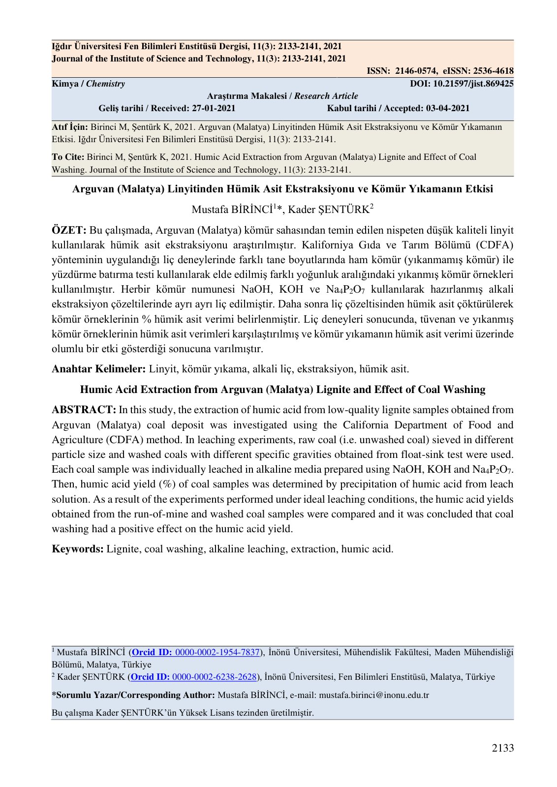 First page of Humic Acid Extraction from Arguvan (Malatya) Lignite and Effect of Coal Washing