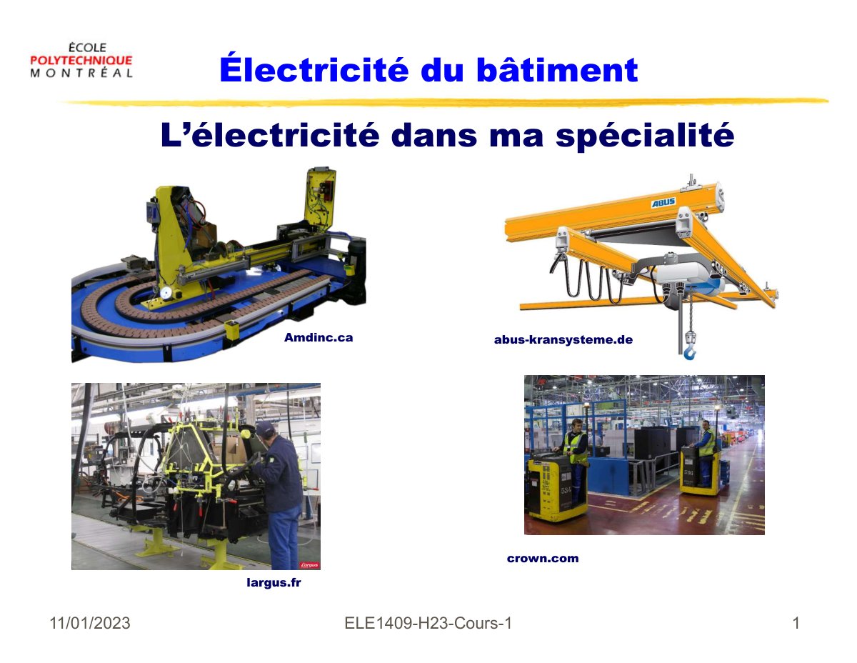 First page of ELE1409 H23 Cours 1 1