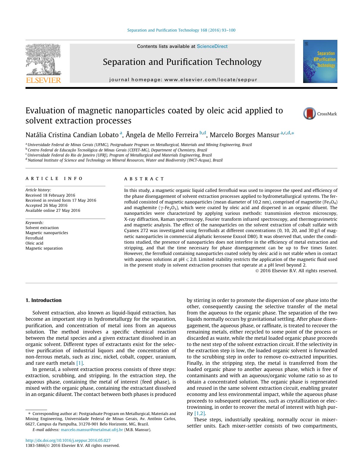 First page of Evaluation of magnetic nanoparticles coated by oleic acid applied to solvent extraction processes