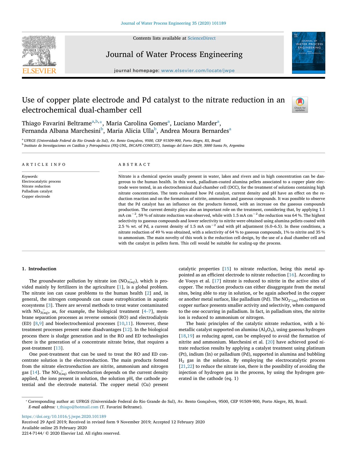 First page of Use of copper plate electrode and Pd catalyst to the nitrate reduction in an electrochemical dual-chamber cell