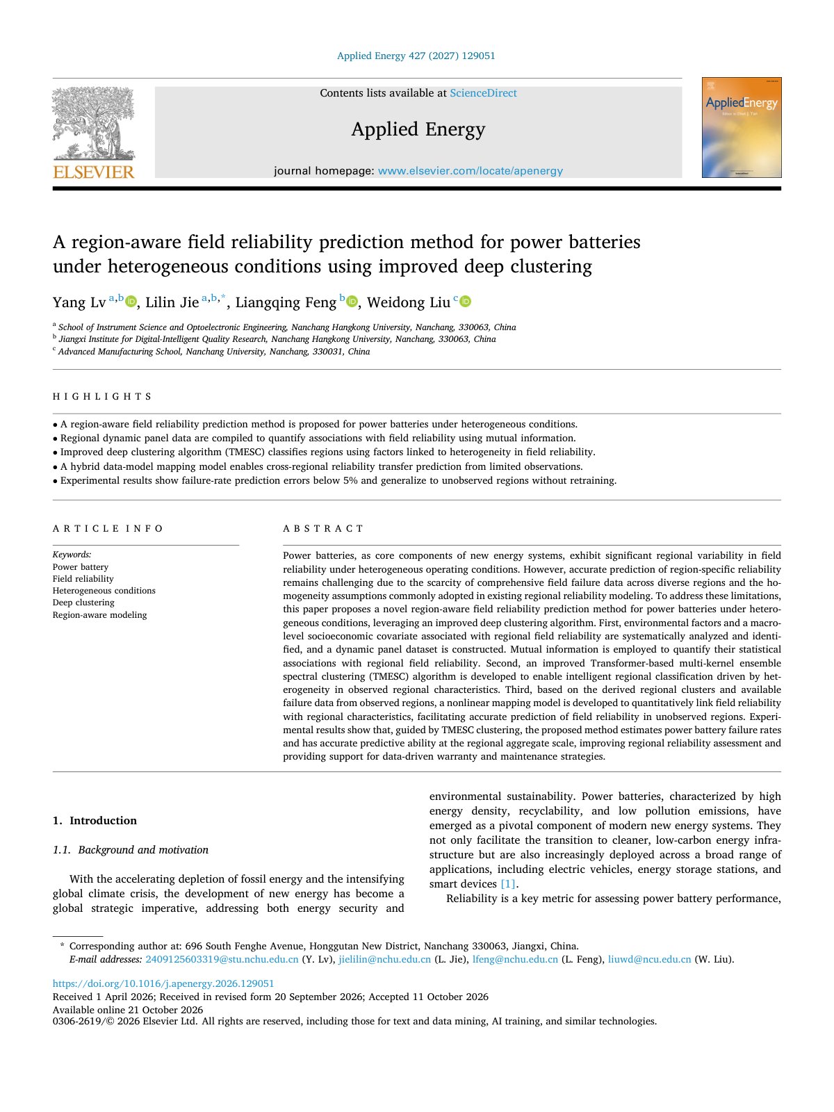 First page of A region aware field reliability prediction method for power bat 2027 Applie