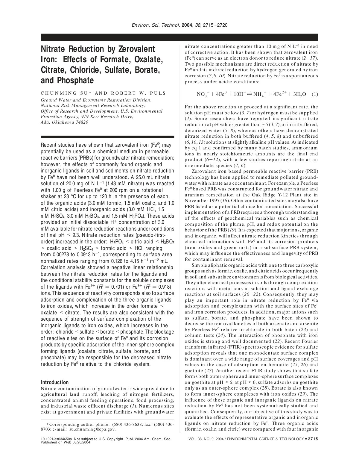 First page of Nitrate Reduction by Zerovalent Iron Eff