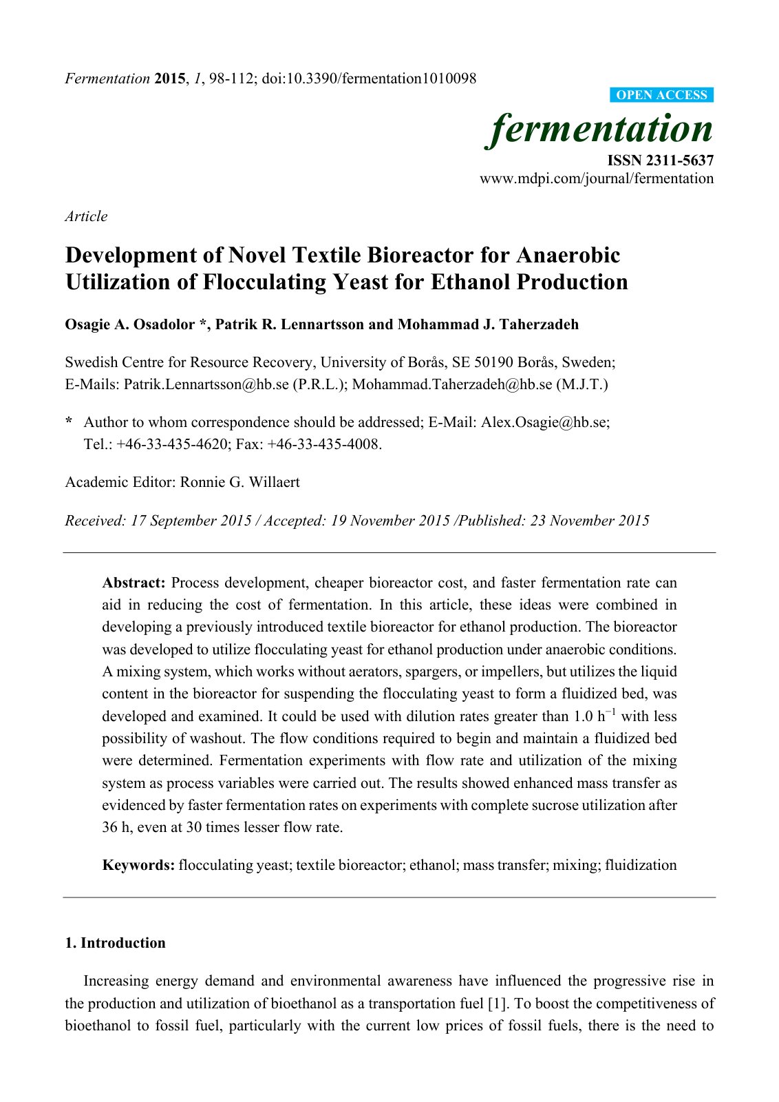 First page of Development of Novel Textile Bioreactor