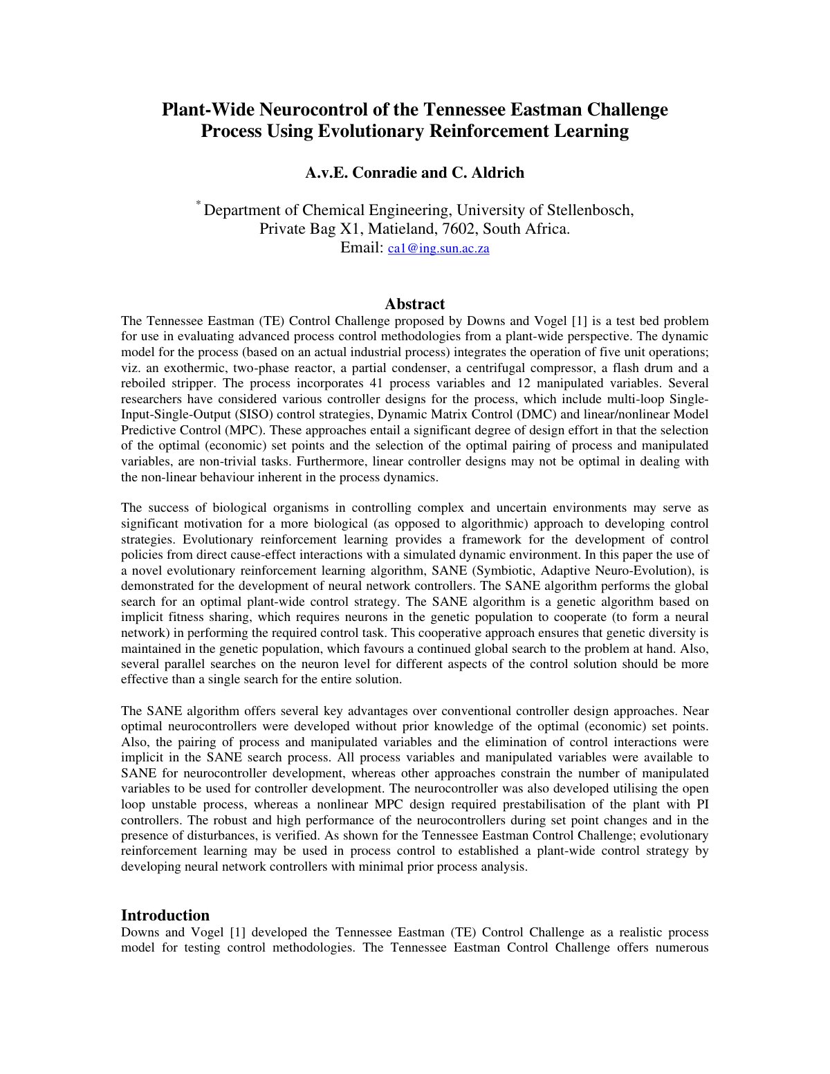 First page of Plant Wide Neurocontrol of the Tennessee
