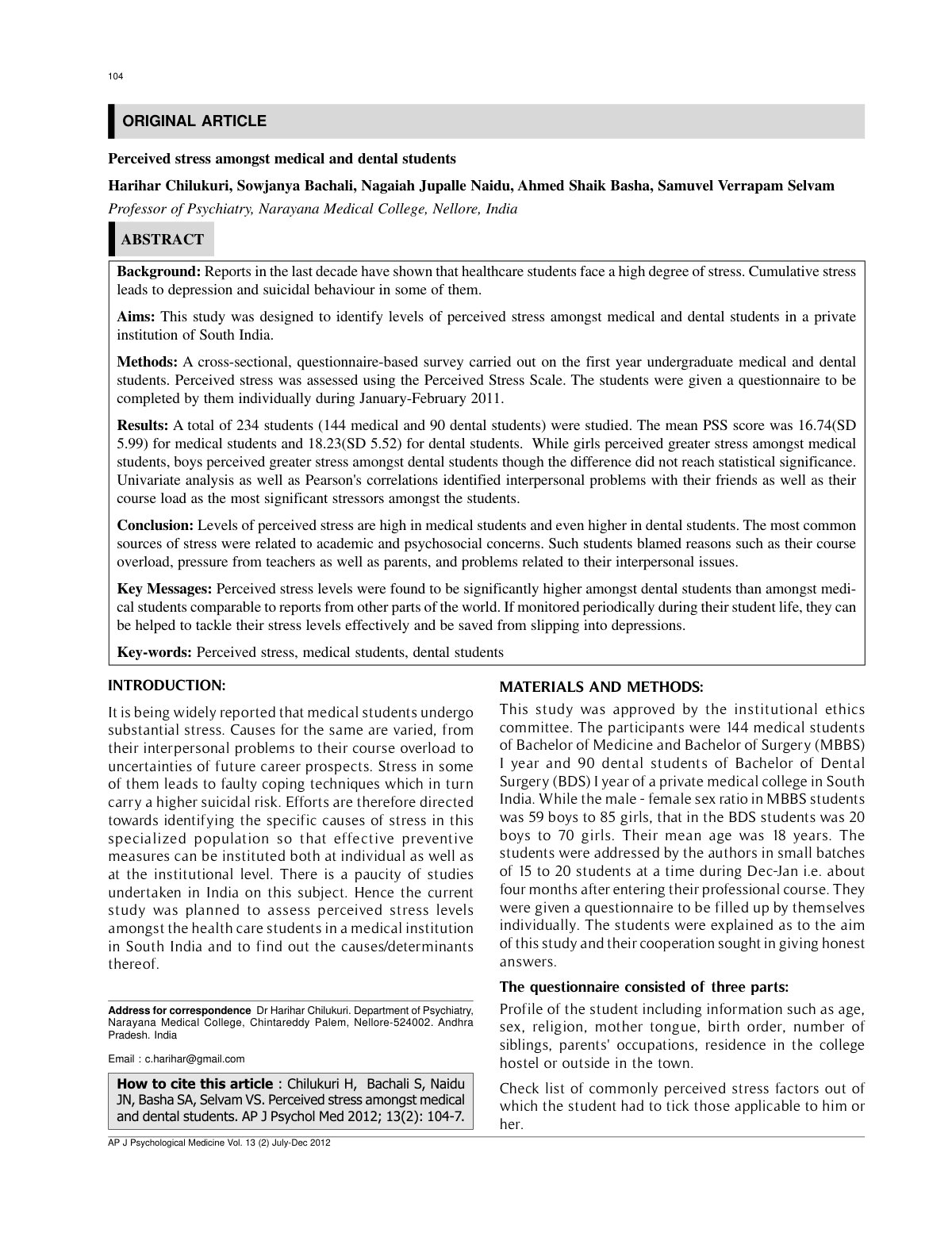 First page of Perceived stress amongst medical and den