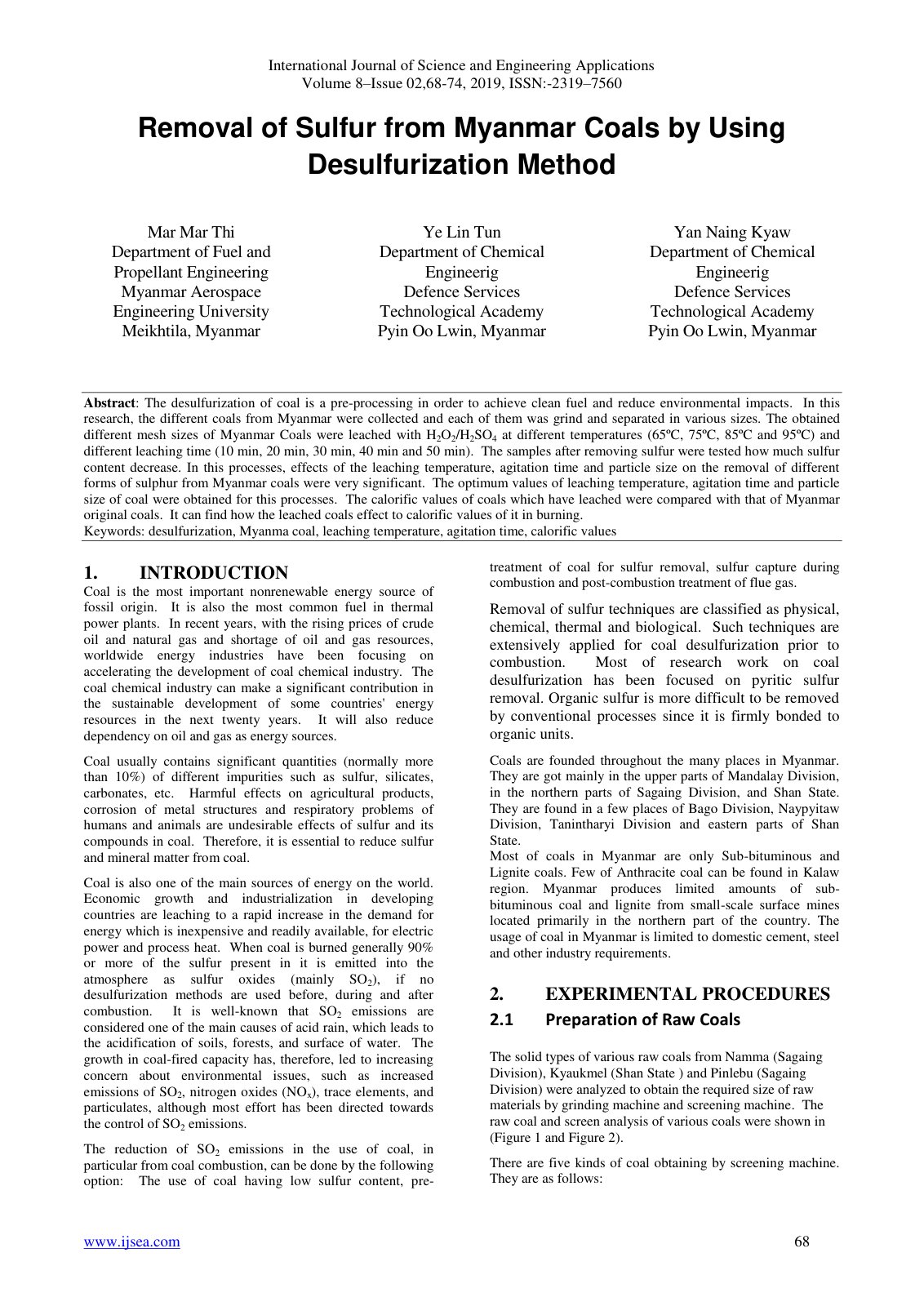 First page of Removal of Sulfur from Myanmar Coals by