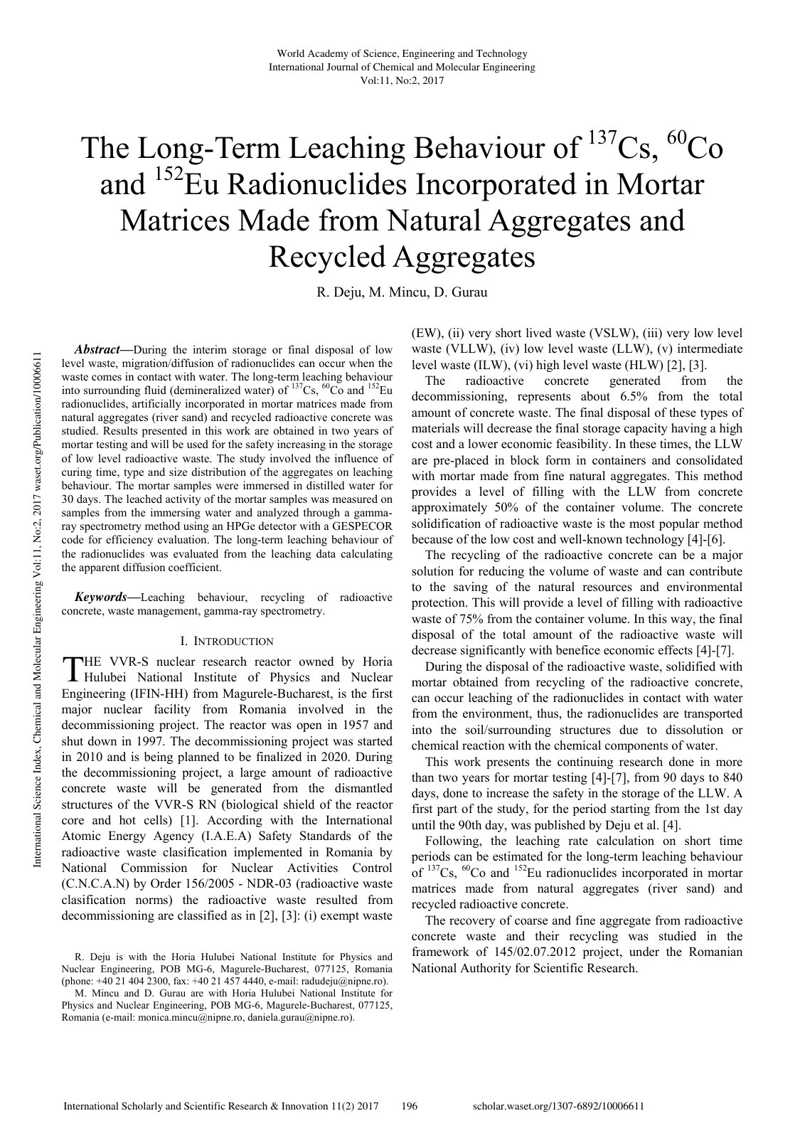 First page of Long-term leaching behaviour of radionuclides in mortar matrices for low level waste management