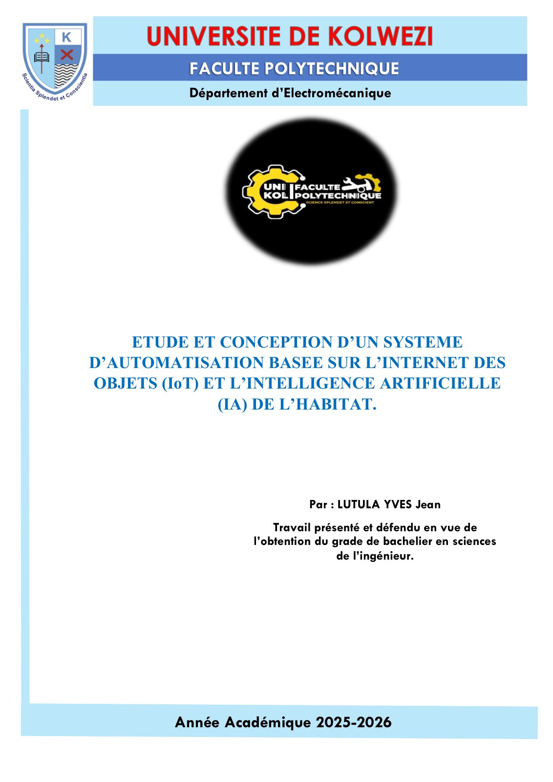 First page of ETUDE ET CONCEPTION D’UN SYSTEME D’AUTOMATISATION BASEE SUR L’INTERNET DES OBJETS (IoT) ET L’INTELLIGENCE ARTIFICIELLE (IA) DE L’HABITAT