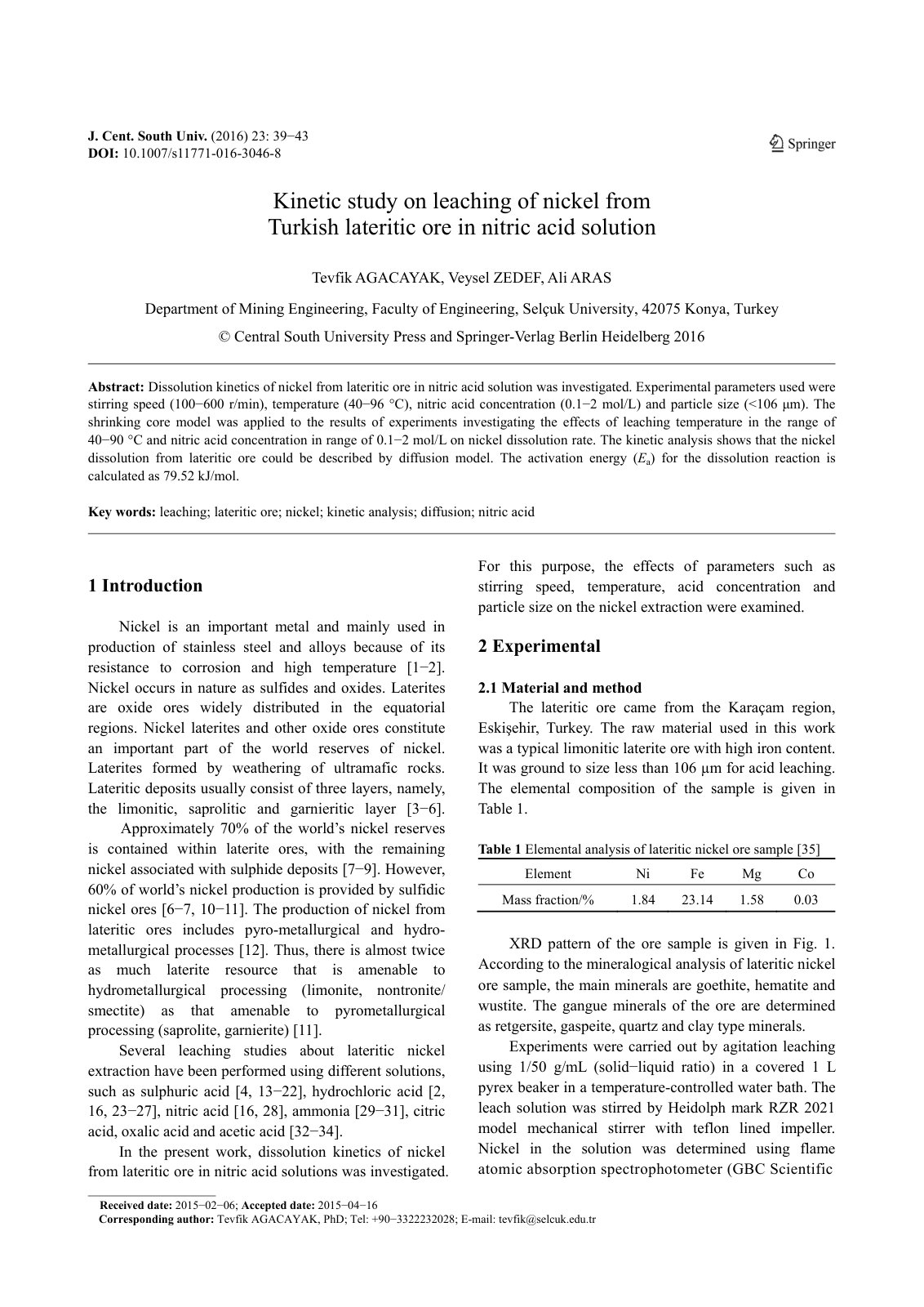 First page of Kinetic study on leaching of nickel from Turkish lateritic ore in nitric acid solution