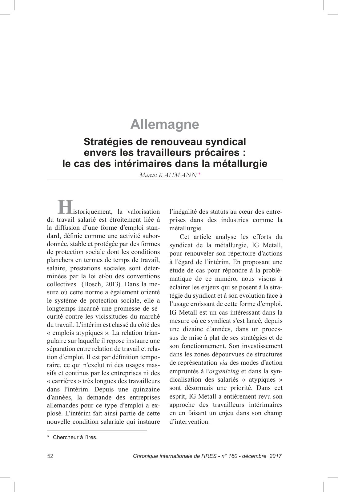 First page of KahmannM2017Stratgiesdernouveausyndicalenverslestravailleursprcaires