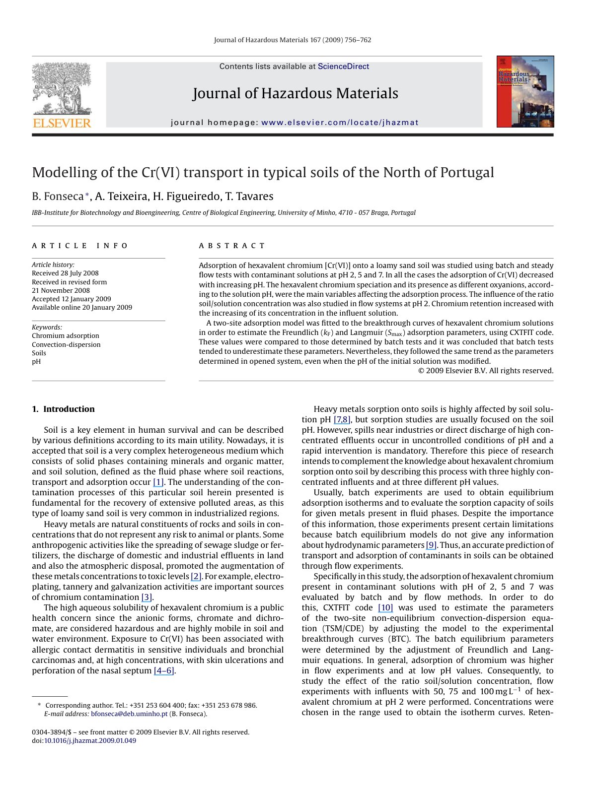 First page of Modelling of the Cr(VI) transport in typical soils of the North of Portugal