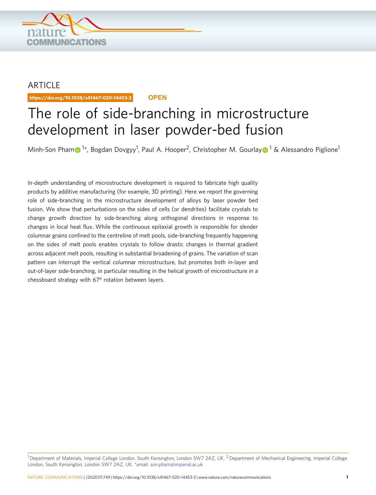 First page of The role of side-branching in microstructure development in laser powder-bed fusion