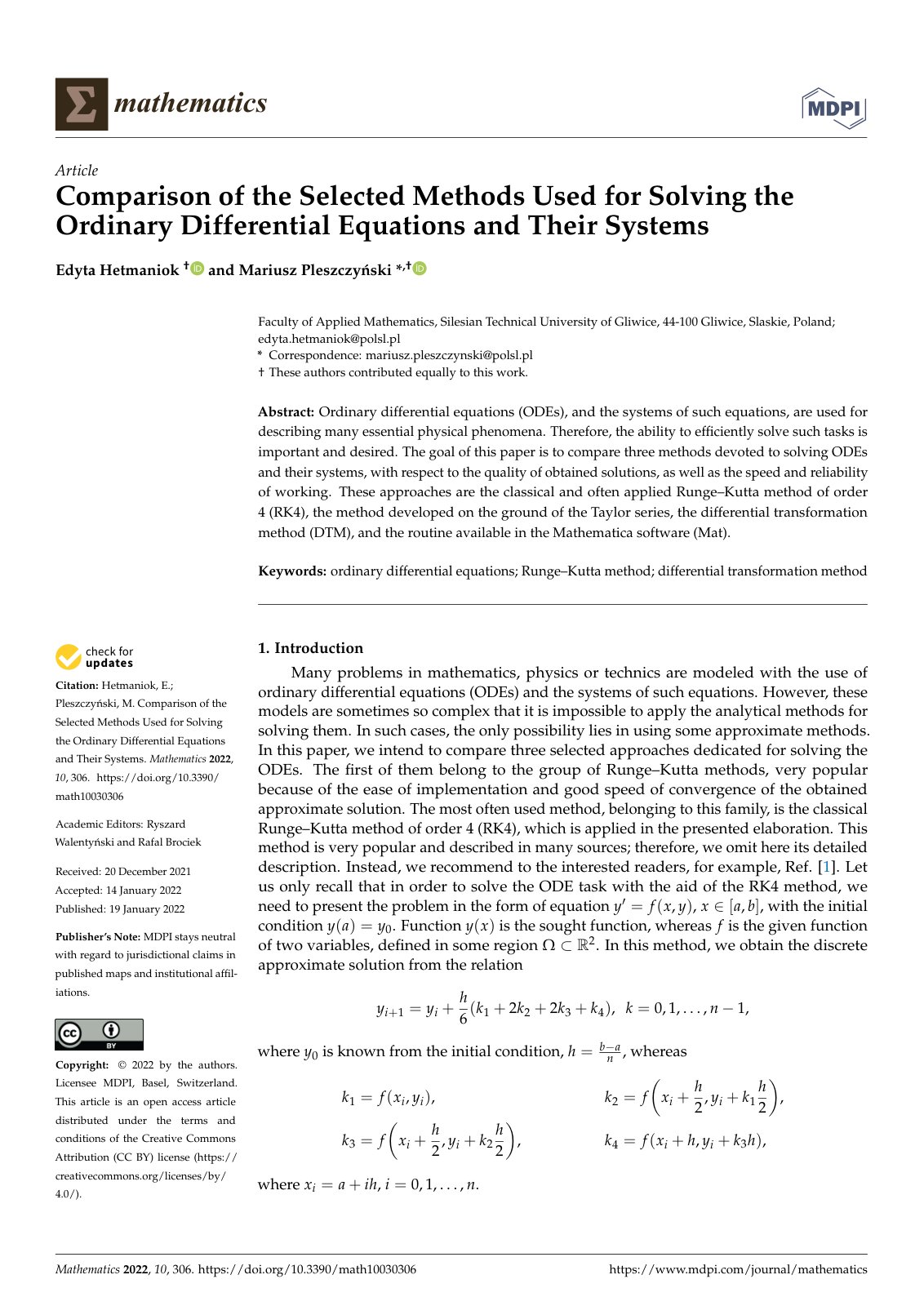First page of Comparison of the Selected Methods Used for Solving the Ordinary Differential Equations and Their Systems