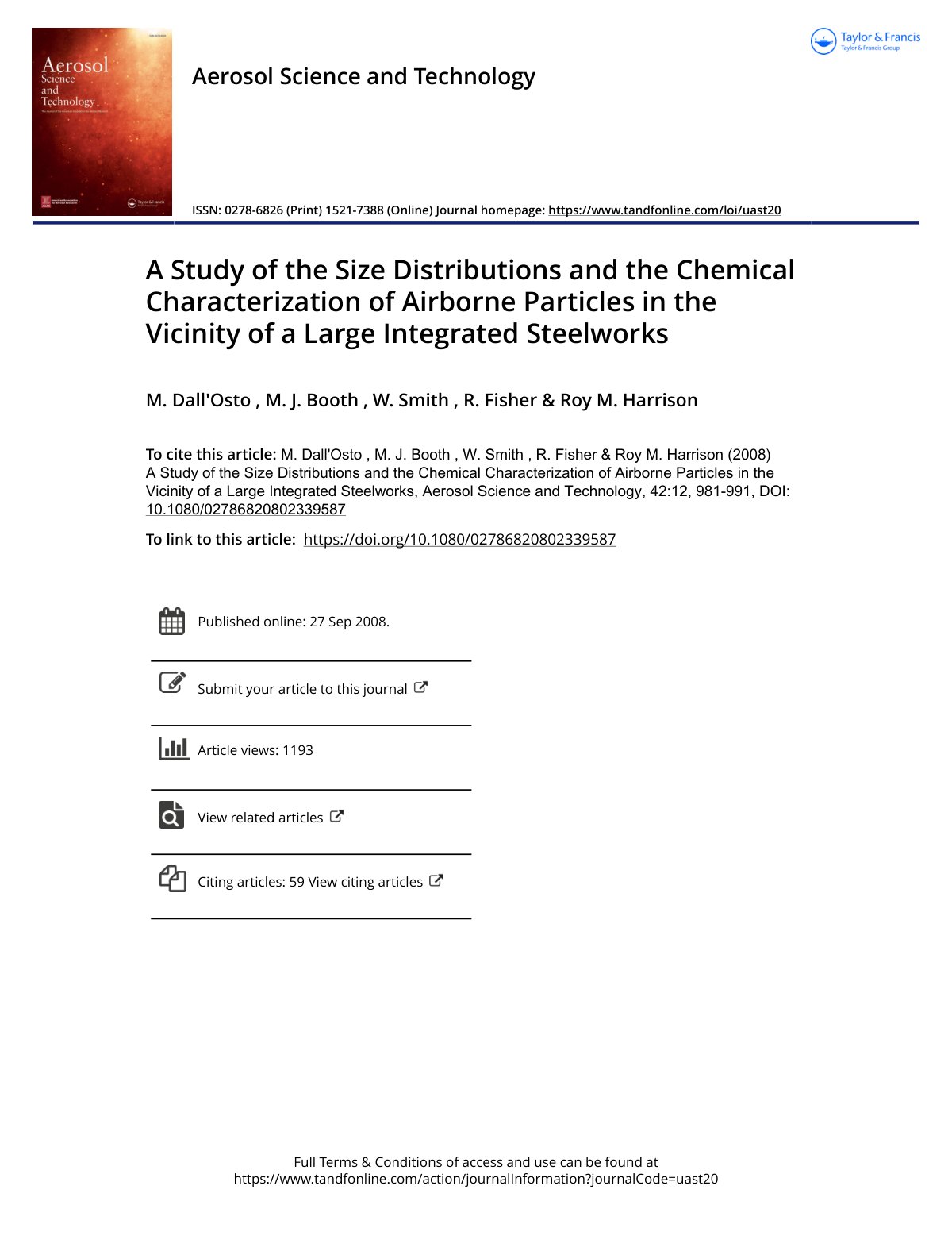 First page of A Study of the Size Distributions and the Chemical Characterization of Airborne Particles in the Vicinity of a Large Integrated Steelworks