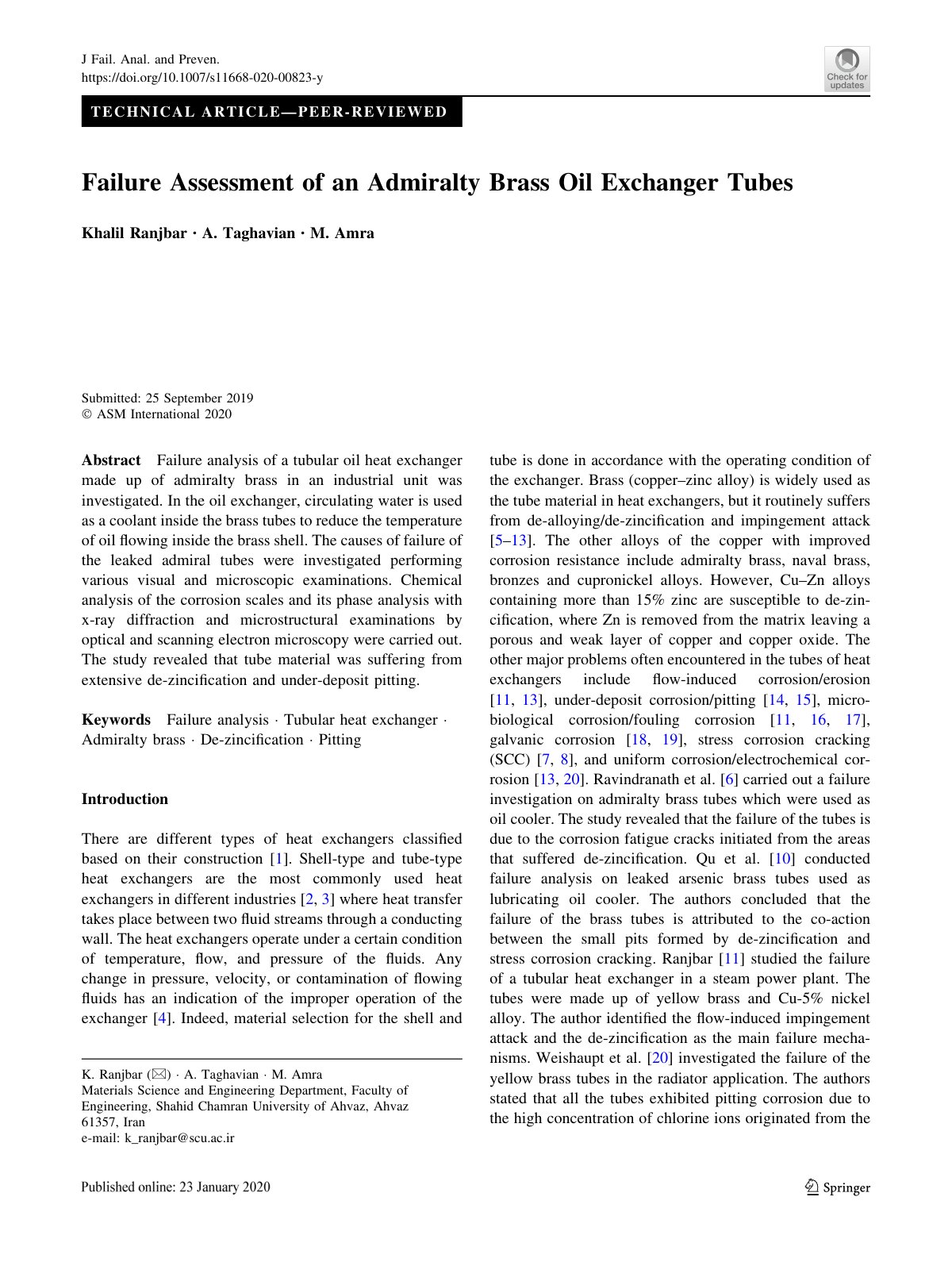 First page of Failure Assessment of an Admiralty Brass