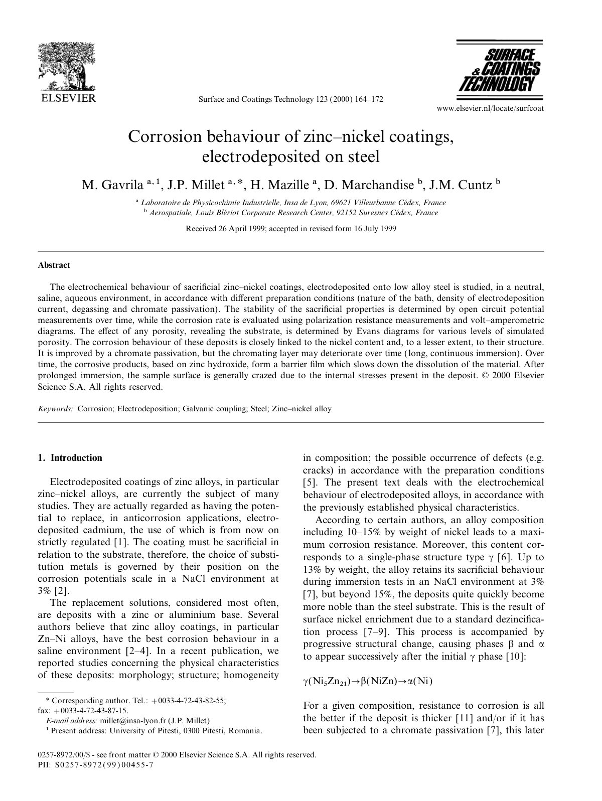 First page of Corrosion behaviour of zinc–nickel coatings, electrodeposited on steel