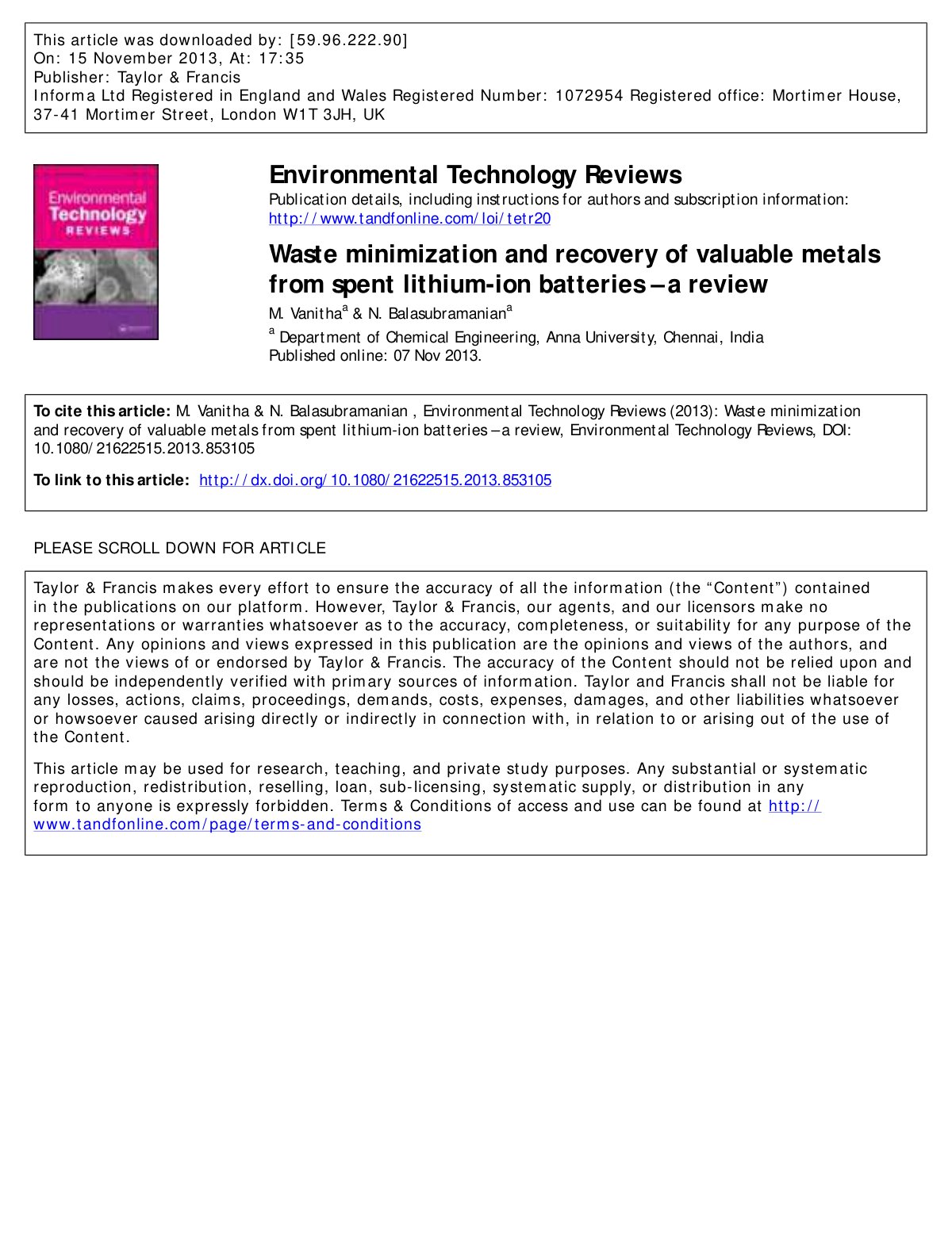 First page of Waste minimization and recovery of valua