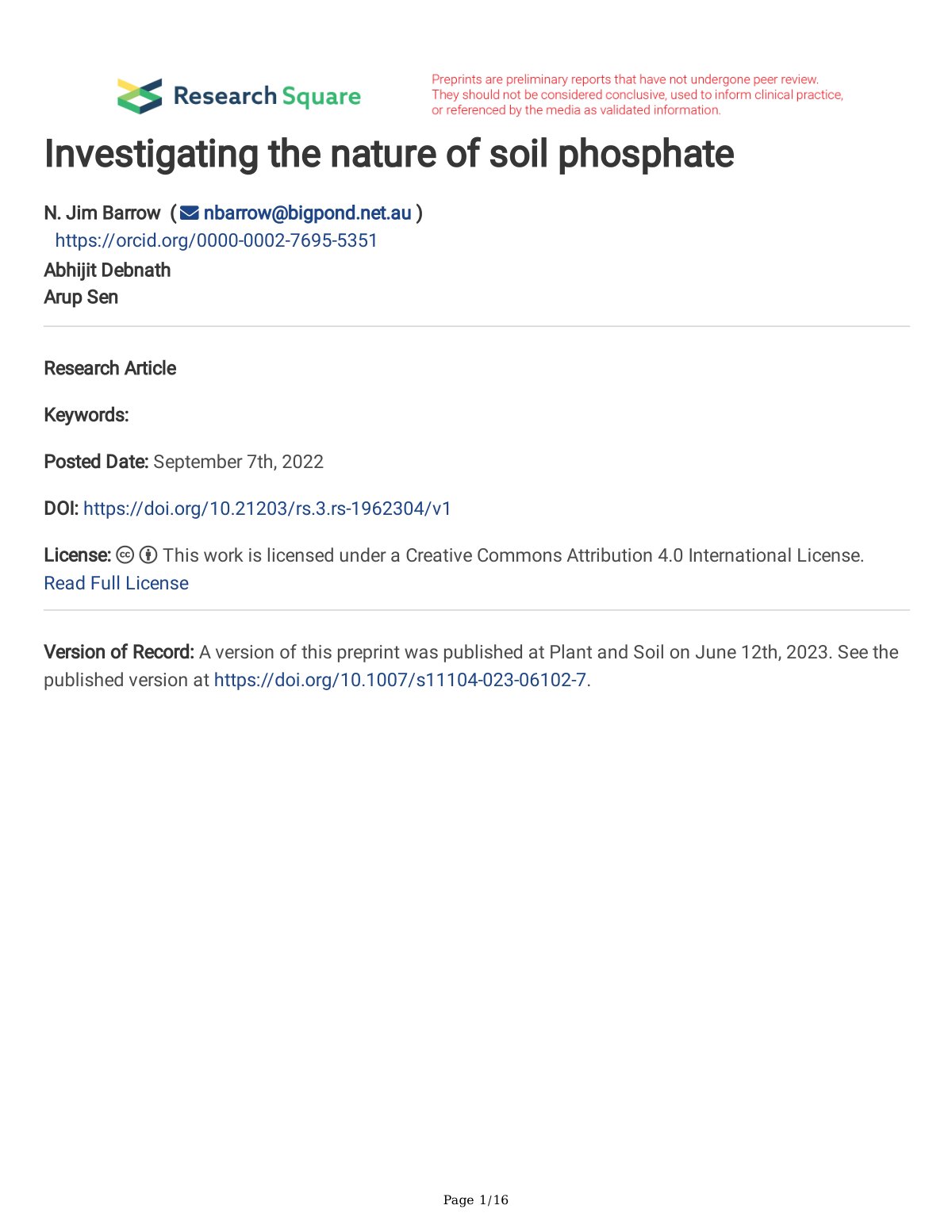 First page of Investigating the nature of soil phospha