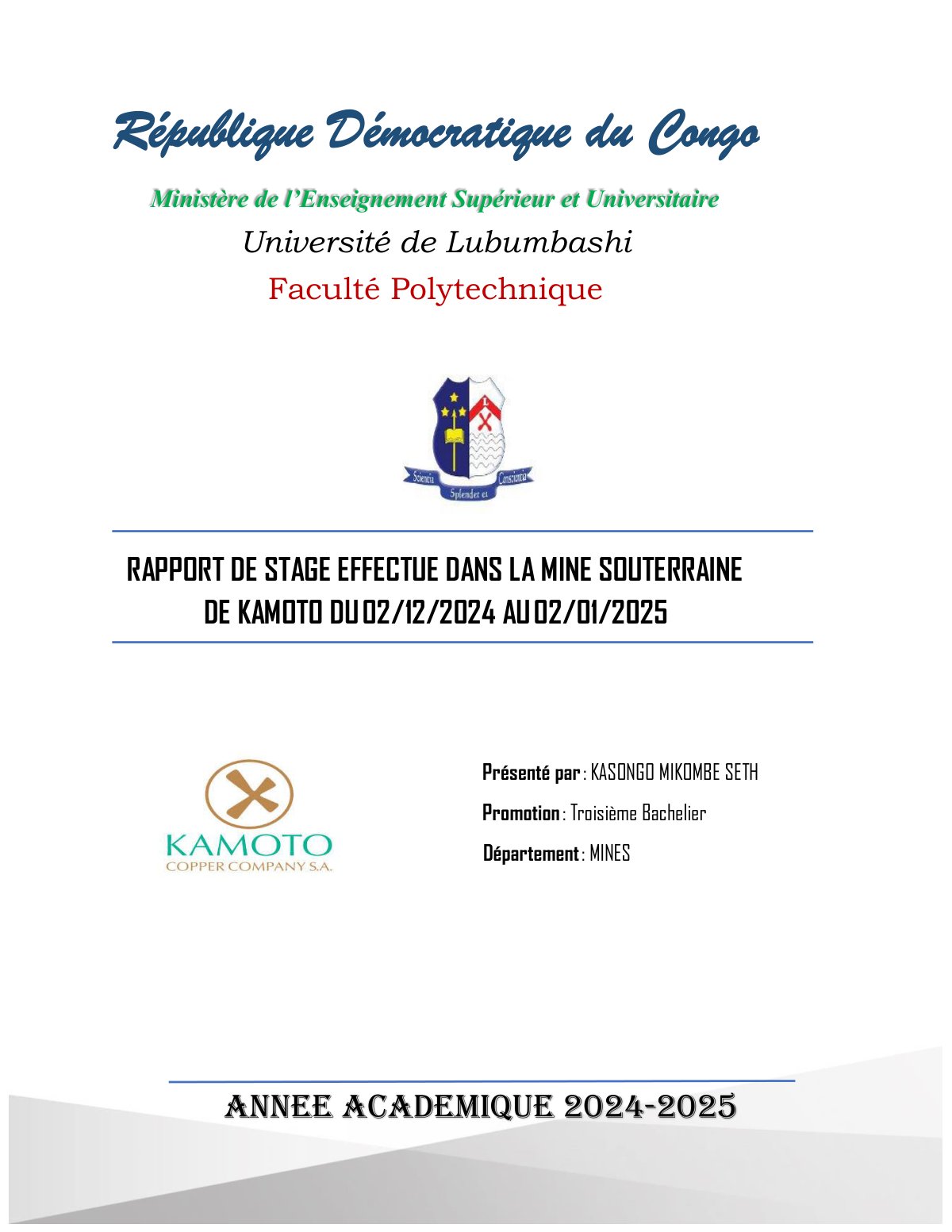 First page of Rapport de Stage KASONGO MKOMBE SETH Kamoto UG