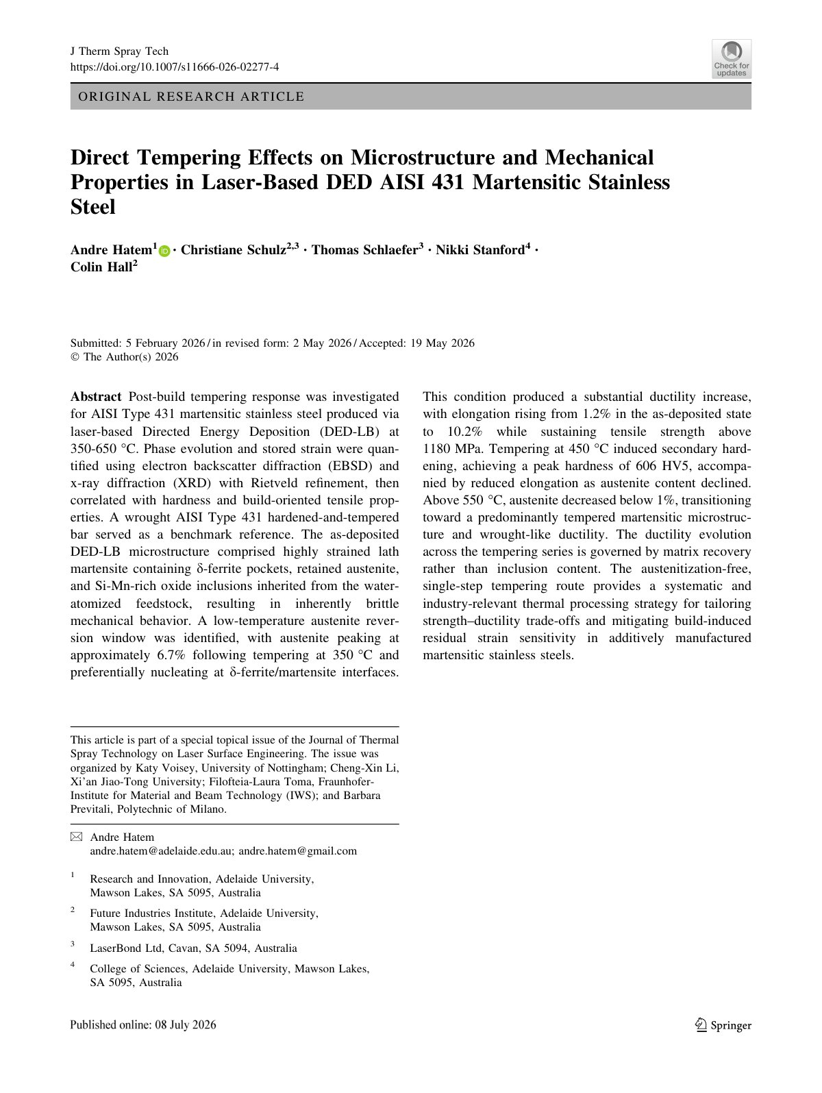 First page of 2026 Hatem Direct Tempering AISI431