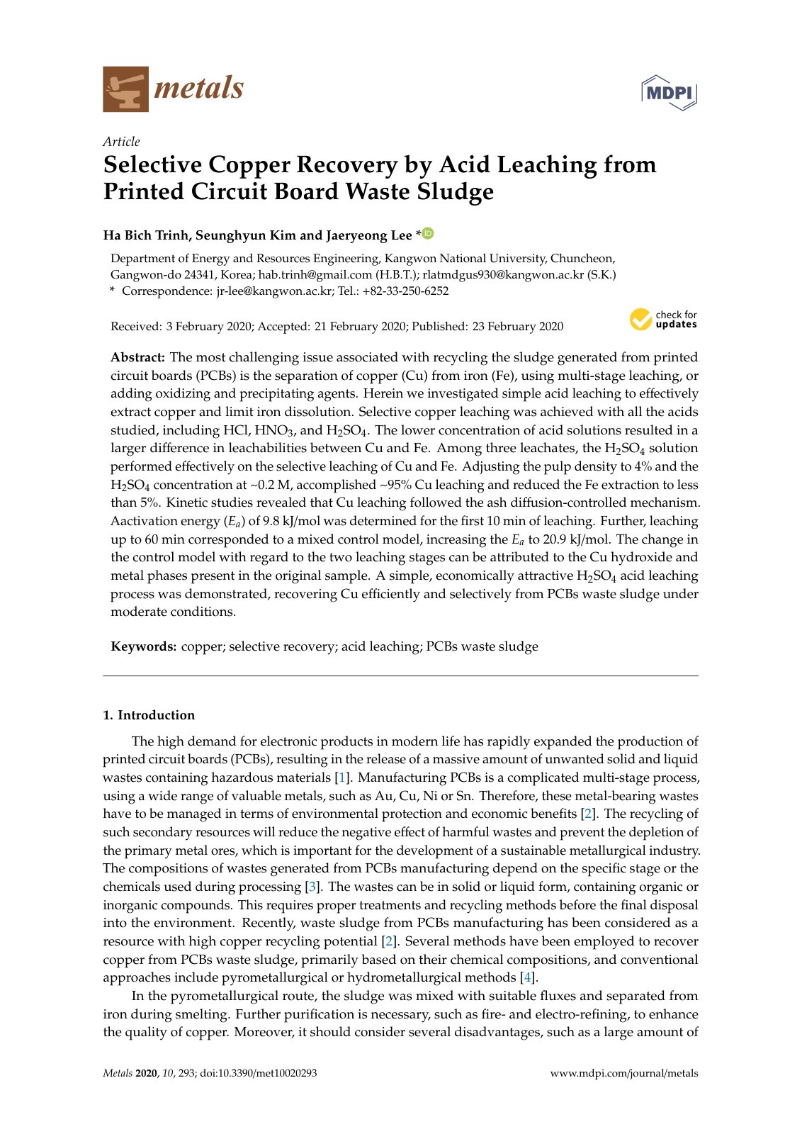 First page of 2020   Trinh   Selective Copper Recovery by Acid Leaching from Printed Circuit Board Waste Sludge