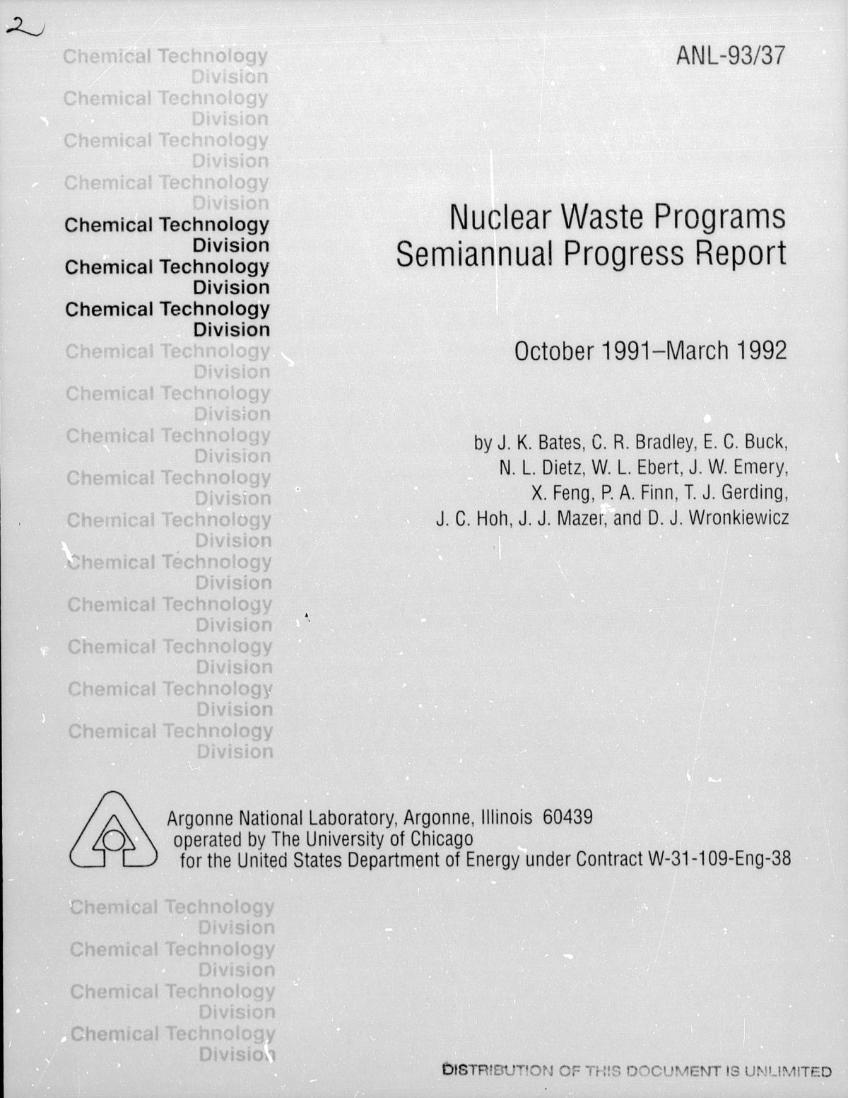 First page of Nuclear Waste Programs Semiannual Progress Report October 1991-March 1992