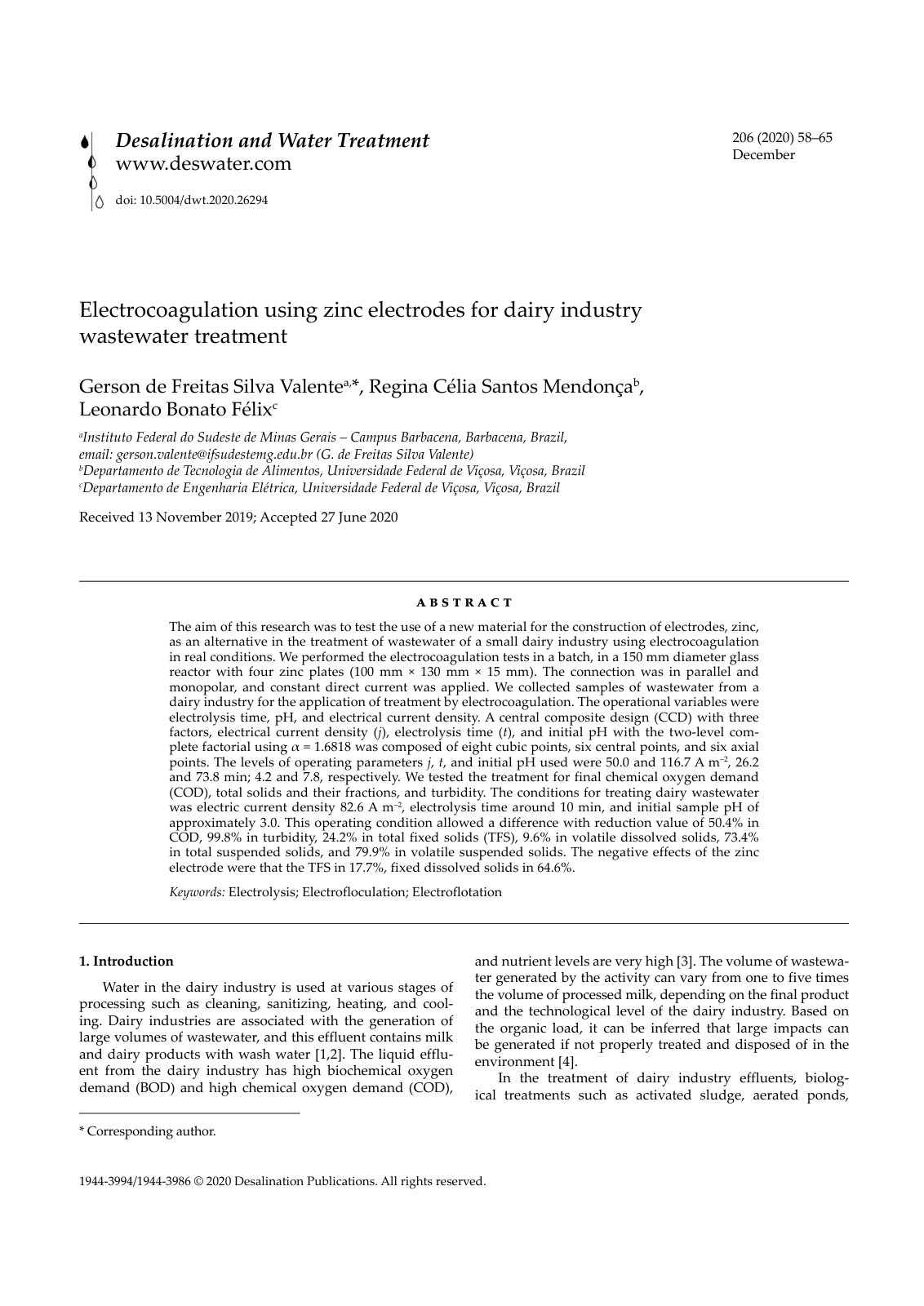First page of Electrocoagulation using zinc electrodes