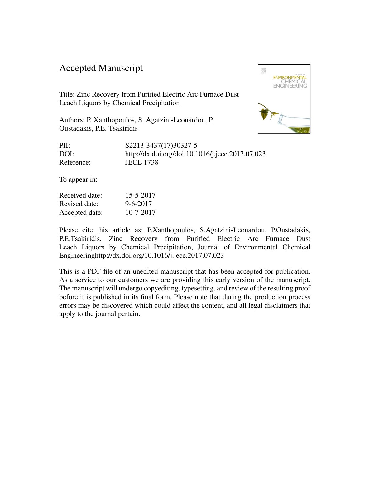 First page of Zinc recovery from purified electric arc