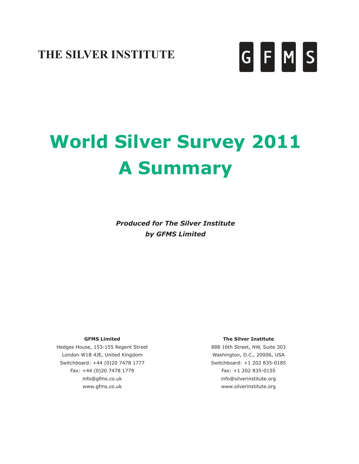 First page of World Silver Survey 2011 Summary 72011