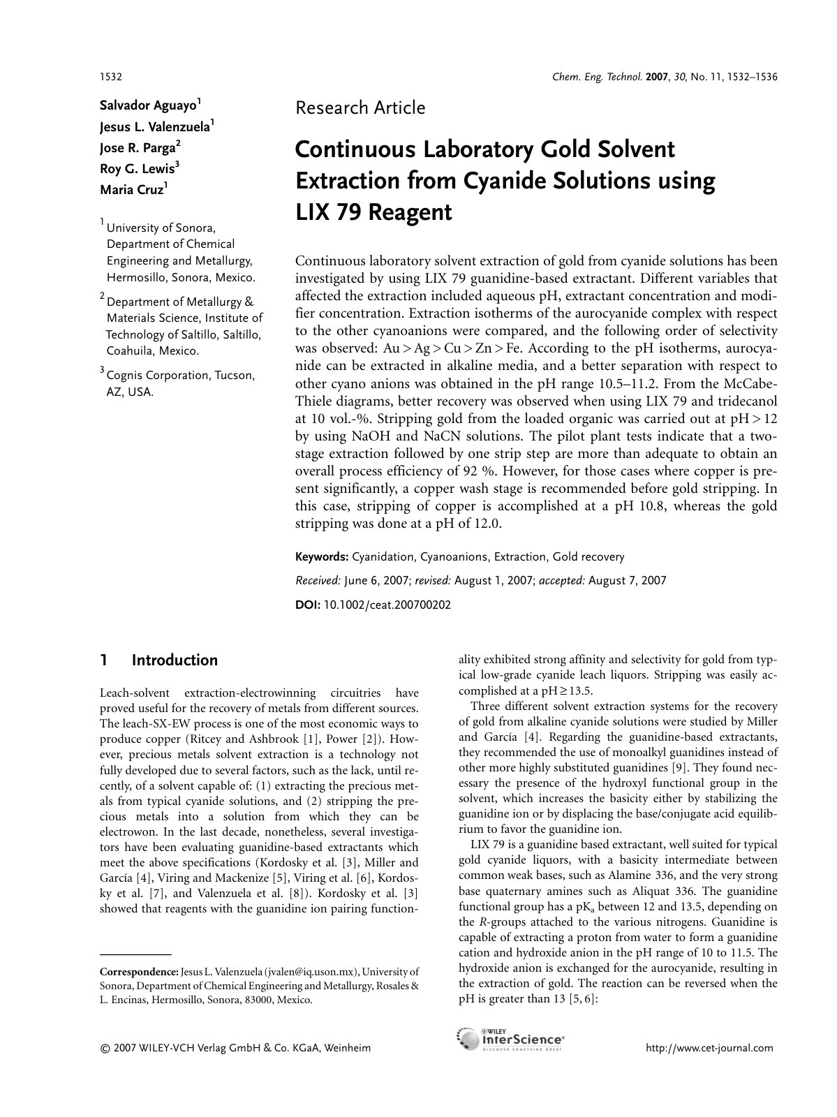First page of Continuous Laboratory Gold Solvent Extraction from Cyanide Solutions using LIX 79 Reagent