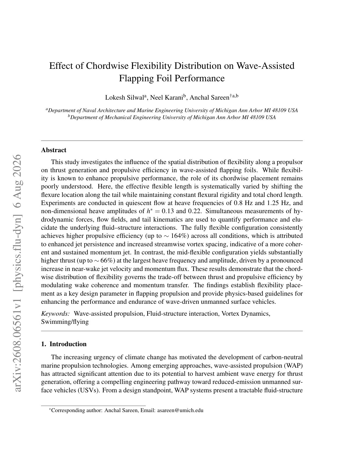 First page of Effect of Chordwise Flexibility Distribution on Wave-Assisted Flapping Foil Performance