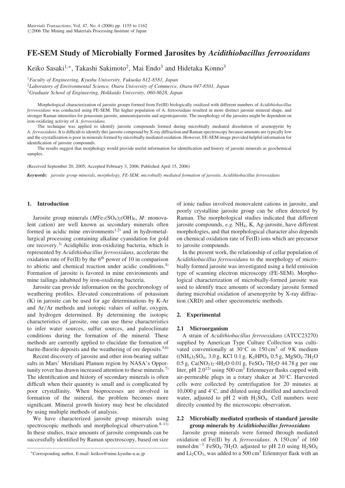First page of FE-SEM Study of Microbially Formed Jarosites by Acidithiobacillus ferrooxidans