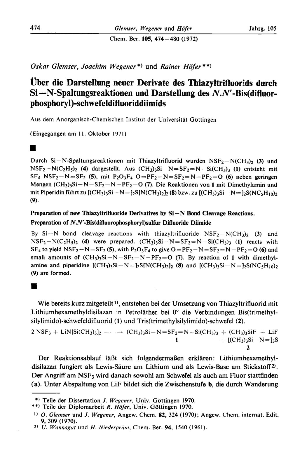 First page of Preparation of new Thiazyltrifluoride Derivatives by Si-N Bond Cleavage Reactions