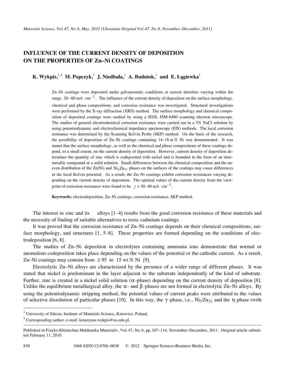 First page of INFLUENCE OF THE CURRENT DENSITY OF DEPOSITION ON THE PROPERTIES OF Zn–Ni COATINGS